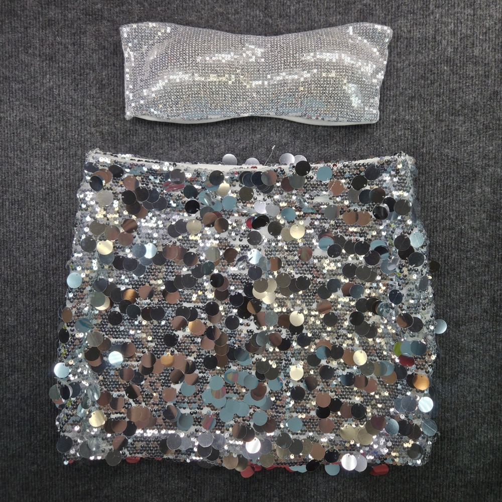 The Vintage Shop Sequin Skirt & Bra Women S Silver Polyester Mini Festival NWOT